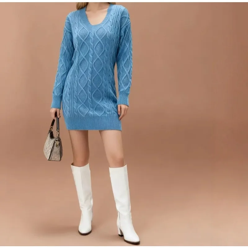 2025 Autumn/Winter New Arrival Mid-Length Sweater V-neck Solid Color Knitted Fashion Casual Women's Twist Knit Dress
2025 Autumn/Winter New Arrival Mid-Length Sweater V-neck Solid Color Knitted Fashion Casual Women's Twist Knit Dress