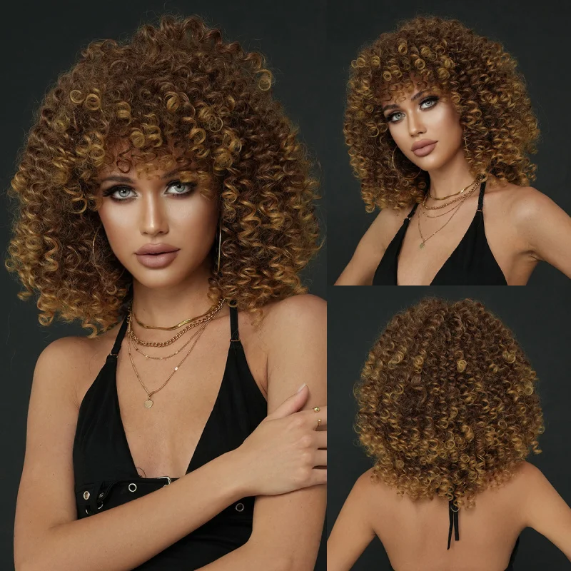 Black women's spring curly short hair in honey golden brown with straight bangs, synthetic fiber African wig
Black women's spring curly short hair in honey golden brown with straight bangs, synthetic fiber African wig