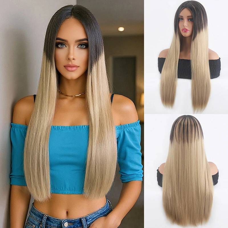 New European American style wig, black brown color combination, middle-parted long straight hair, fashionable and elegan
New European American style wig, black brown color combination, middle-parted long straight hair, fashionable and elegan