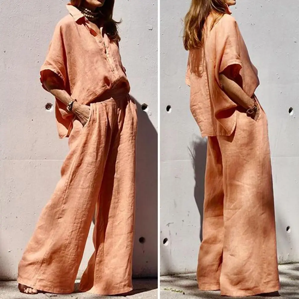 2 Pcs Women Shirt Pants Set Lapel Collar Single-breasted Blouse High Waist Loose Pants Set Comfortable Breathable Casual Outfit
2 Pcs Women Shirt Pants Set Lapel Collar Single-breasted Blouse High Waist Loose Pants Set Comfortable Breathable Casual Outfit