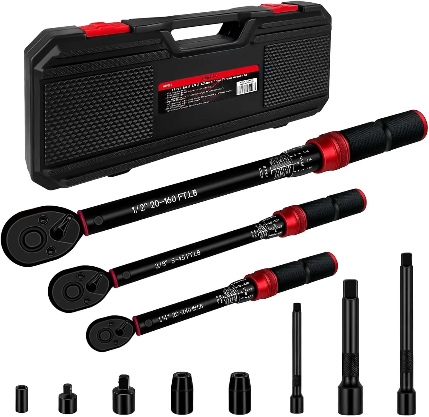 11Pcs Torque Wrench Set with 1/4'', 3/8'', 1/2'' Drive, Extension Bars, Adapters, Dual-Direction Adjustable Ratchet Handle
11Pcs Torque Wrench Set with 1/4'', 3/8'', 1/2'' Drive, Extension Bars, Adapters, Dual-Direction Adjustable Ratchet Handle