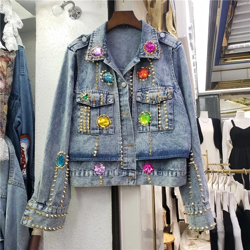 Vintage Blue Diamonds Rivet Big Pocket Long Sleeve Women Denim Jacket Loose Short Cowboy Outerwear Korean Jeans Jacket Female
Vintage Blue Diamonds Rivet Big Pocket Long Sleeve Women Denim Jacket Loose Short Cowboy Outerwear Korean Jeans Jacket Female