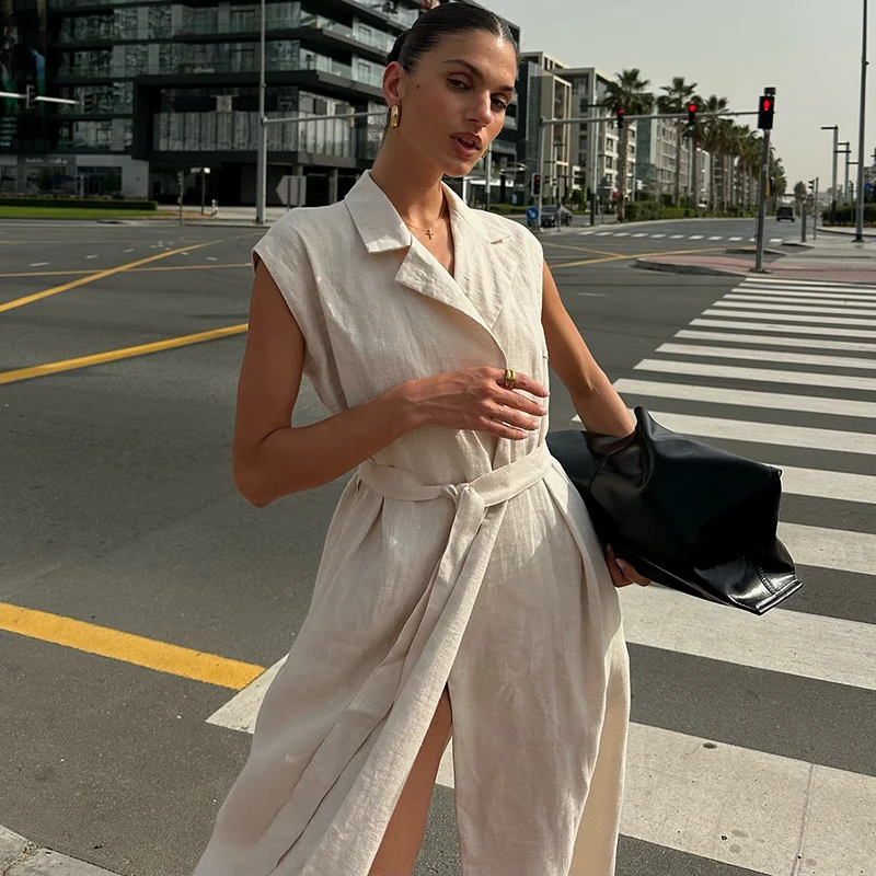 Typhaland Linen Cotton Casual Shirt Dress Women's Sleeveless Elegant Commuting Long Dress Loose Lace Up Summer New Female Dress
Typhaland Linen Cotton Casual Shirt Dress Women's Sleeveless Elegant Commuting Long Dress Loose Lace Up Summer New Female Dress