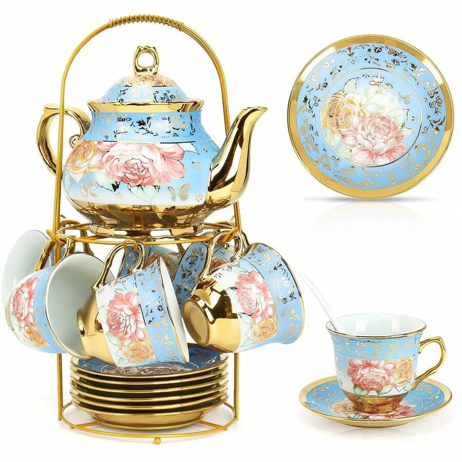 20 Pcs Porcelain Tea Set With Metal Holder, Adult Tea Set Gift, European Ceramic Tea Set For Adults, Flower Tea Cup Saucer Set
20 Pcs Porcelain Tea Set With Metal Holder, Adult Tea Set Gift, European Ceramic Tea Set For Adults, Flower Tea Cup Saucer Set