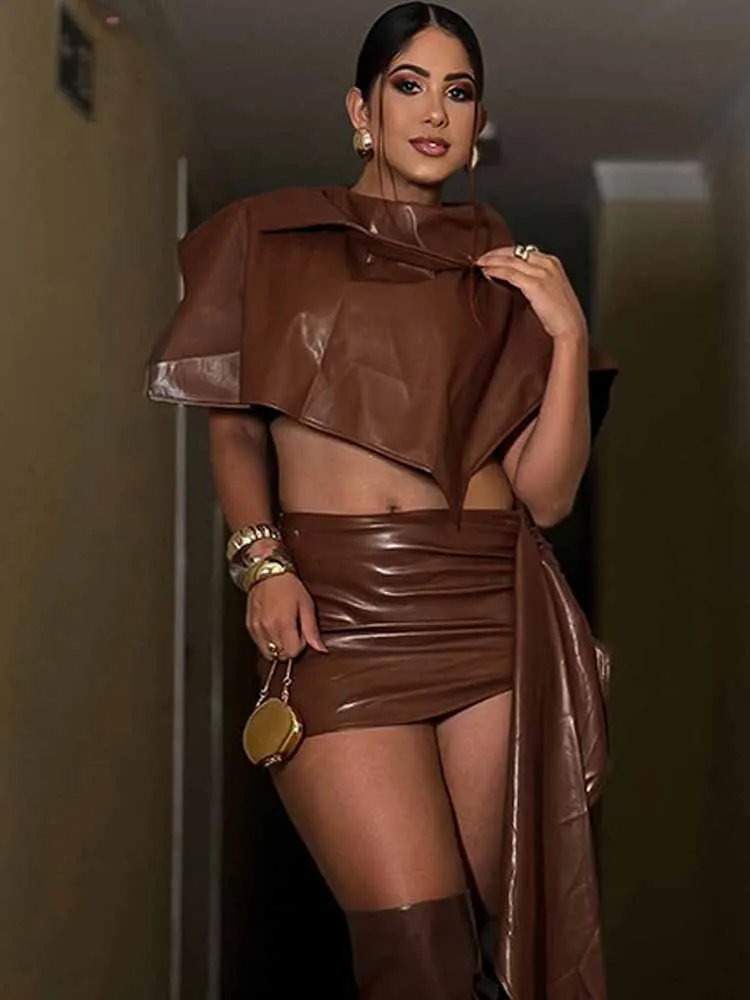 MCDV Нерегулярный комплект из двух предметов из искусственной кожи, женский укороченный топ с шалью и лентой, мини-юбка, элегантные сексуальные одинаковые уличные наряды 
MCDV Нерегулярный комплект из двух предметов из искусственной кожи, женский укороченный топ с шалью и лентой, мини-юбка, элегантные сексуальные одинаковые уличные наряды