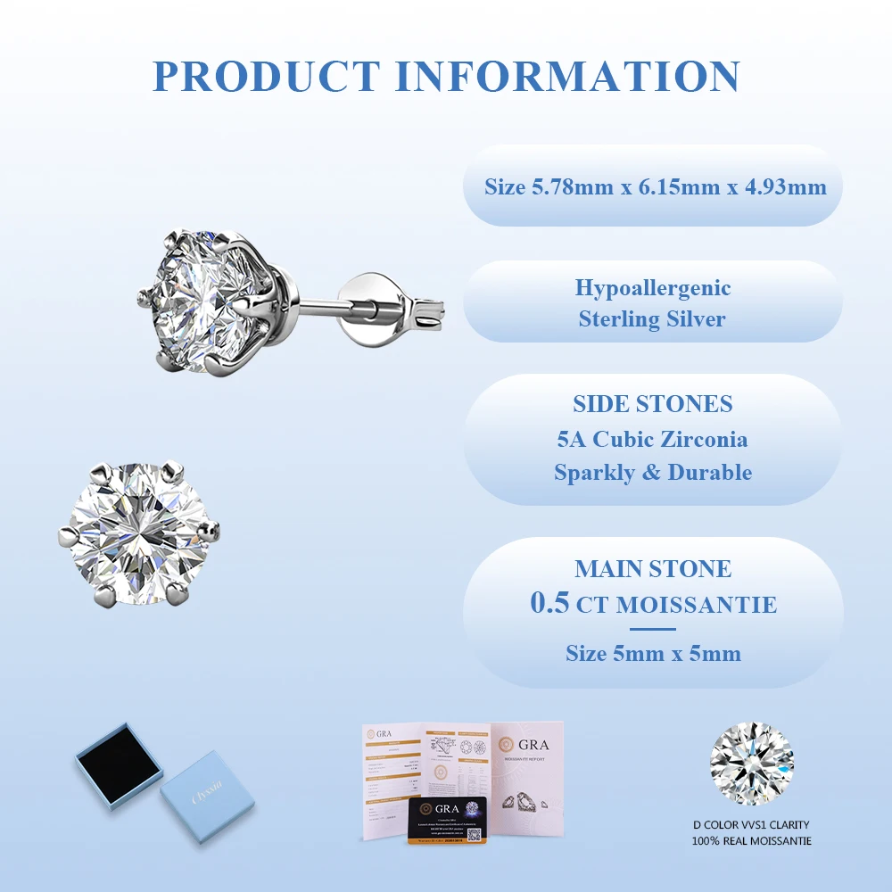 Premium 0.5ct D Color VVS1 Clarity 6-Claw Moissanite Stud Earrings Premium Plating, Fade-Resistant & Skin-Friendly
Premium 0.5ct D Color VVS1 Clarity 6-Claw Moissanite Stud Earrings Premium Plating, Fade-Resistant & Skin-Friendly