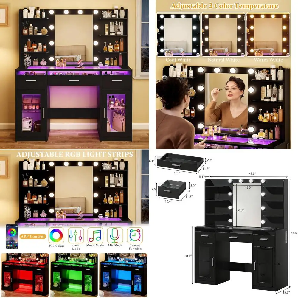 Черный туалетный столик с RGB-подсветкой (3 цвета), зеркалом, 6 полками, 2 шкафчиками и розеткой для спальни
Черный туалетный столик с RGB-подсветкой (3 цвета), зеркалом, 6 полками, 2 шкафчиками и розеткой для спальни