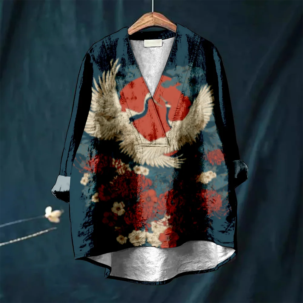 Harajuku Japanese Crane Printed Women Casual V Neck Shirt Retro Floral Kimono Blouse Hipster Vintage Shirts Summer Cozy Tops
Harajuku Japanese Crane Printed Women Casual V Neck Shirt Retro Floral Kimono Blouse Hipster Vintage Shirts Summer Cozy Tops