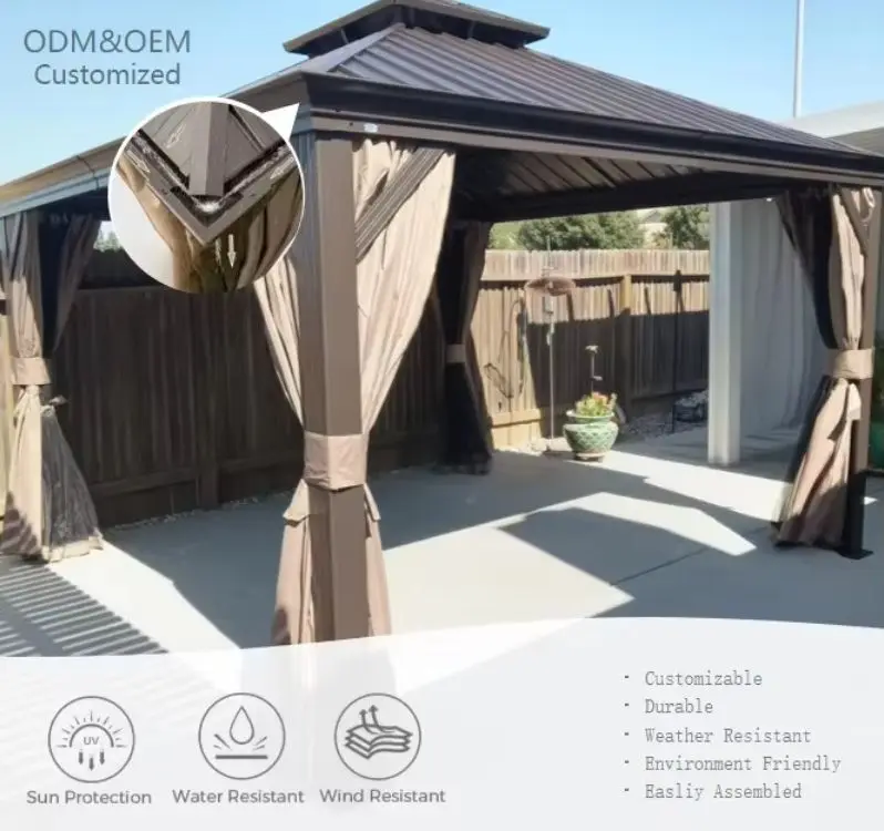 Outdoor garden metal gazebo, hard-top aluminum gazebo tent with curtains and mosquito net.
Outdoor garden metal gazebo, hard-top aluminum gazebo tent with curtains and mosquito net.