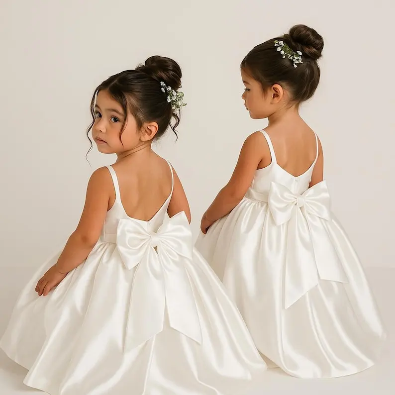 Blush Pink Satin Flower Girl Dress: Big Bow Princess Gown
Blush Pink Satin Flower Girl Dress: Big Bow Princess Gown