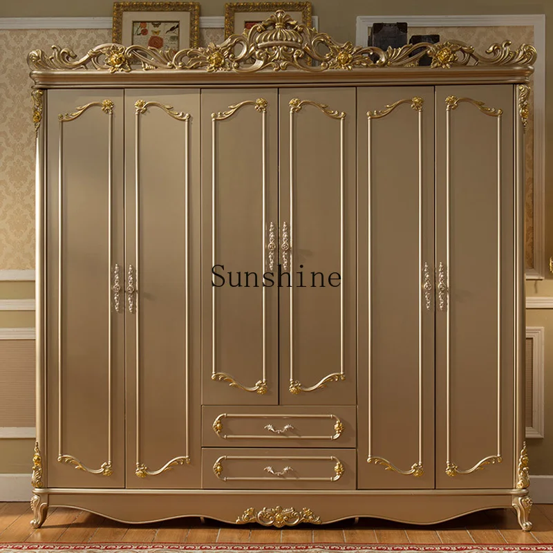 European solid wood six-door large wardrobe, champagne gold storage, bedroom furniture
European solid wood six-door large wardrobe, champagne gold storage, bedroom furniture