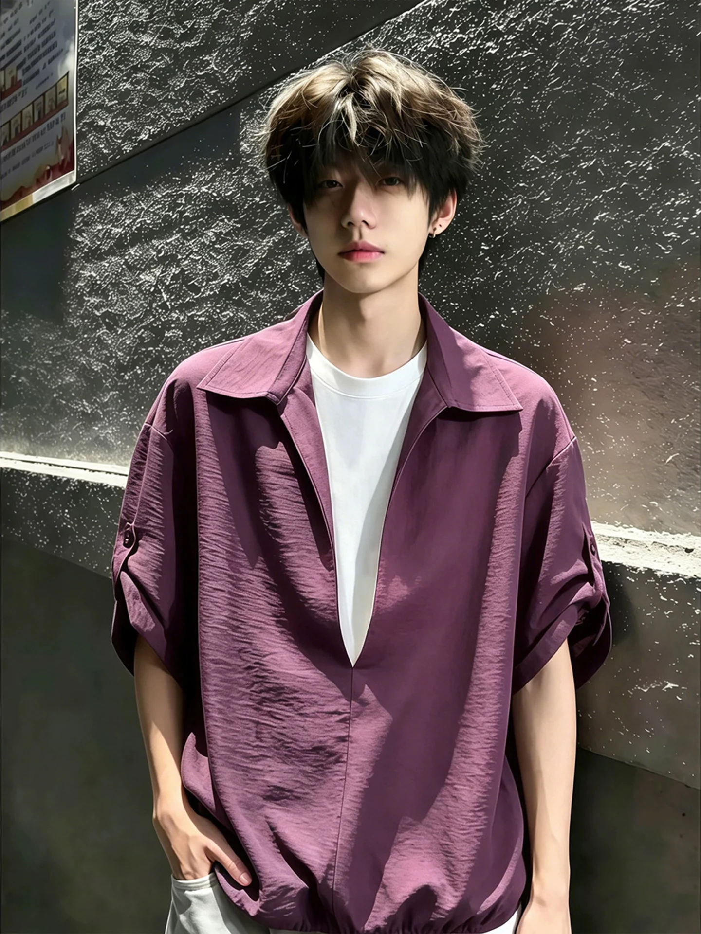 Purple V-Neck Ice Silk Short Sleeve Shirt Men's Summer CleanFit Mock Linen Texture Shirt Loose Fit Polyester Fiber Casual Style
Purple V-Neck Ice Silk Short Sleeve Shirt Men's Summer CleanFit Mock Linen Texture Shirt Loose Fit Polyester Fiber Casual Style