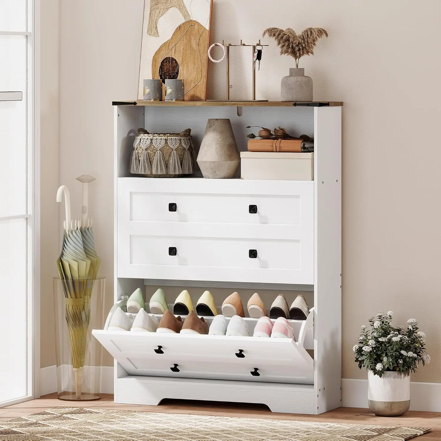 Narrow Shoe Cabinet 2 Flip Drawers Adjustable Shelves Open Shelf Entryway Hallway 12-16 Pairs White Customized
Narrow Shoe Cabinet 2 Flip Drawers Adjustable Shelves Open Shelf Entryway Hallway 12-16 Pairs White Customized