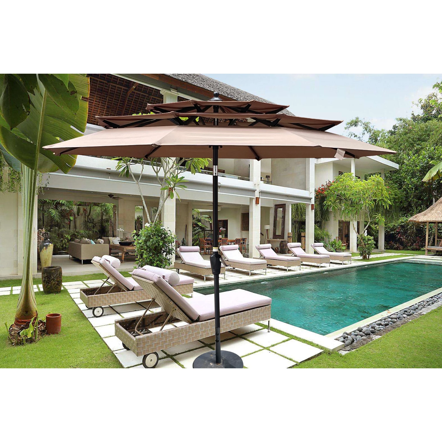 9Ft 3-Tiers Outdoor Patio Umbrella with Crank and tilt and Wind Vents for Garden Deck Backyard Pool Shade Outside Deck Swimming
9Ft 3-Tiers Outdoor Patio Umbrella with Crank and tilt and Wind Vents for Garden Deck Backyard Pool Shade Outside Deck Swimming