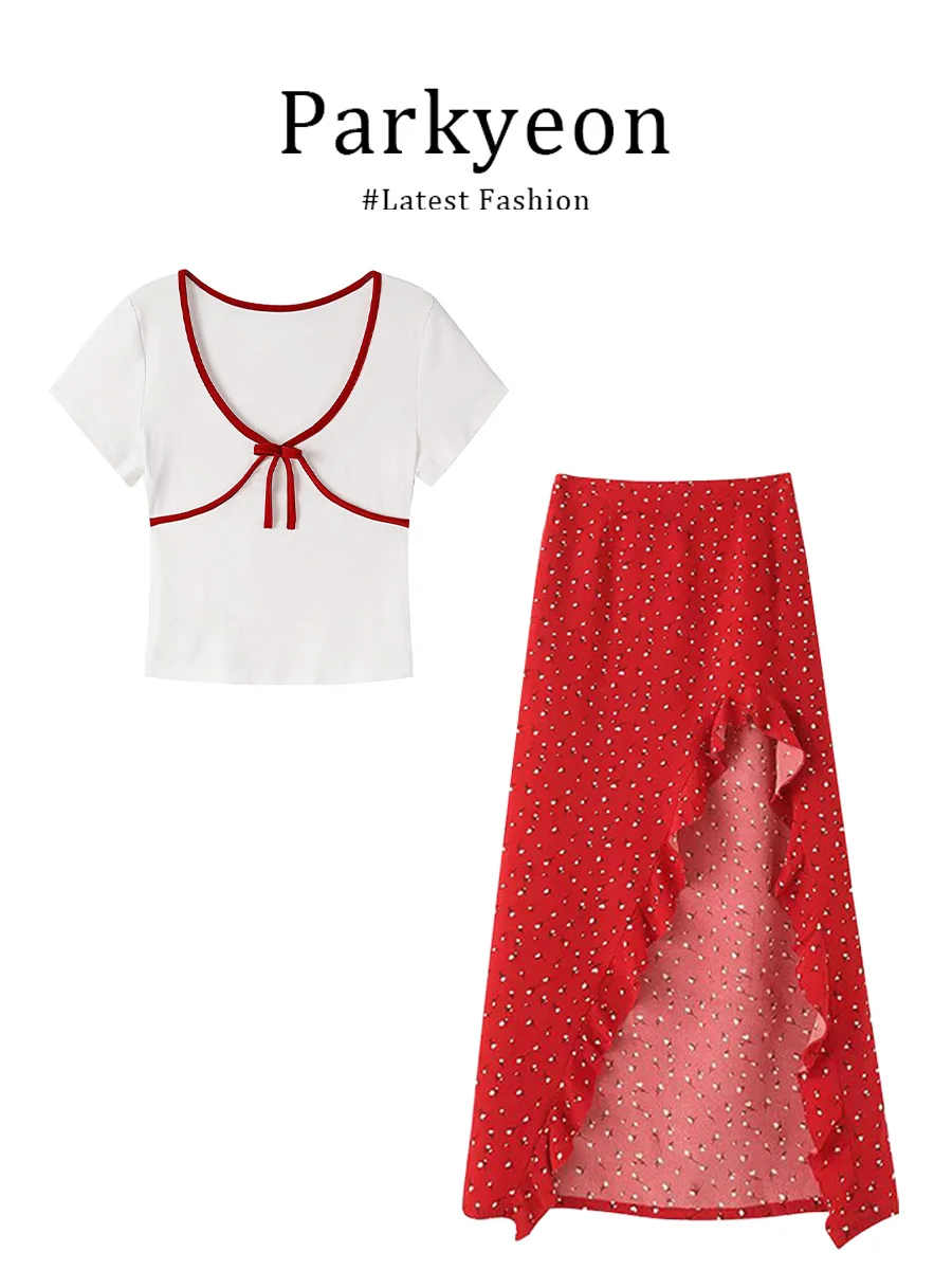 Parkyeon White V-Neck Knot Short Sleeve T-Shirt Half Skirt Two-Piece Set Summer Fashion Outfit Irregular Slit Shoulder
Parkyeon White V-Neck Knot Short Sleeve T-Shirt Half Skirt Two-Piece Set Summer Fashion Outfit Irregular Slit Shoulder