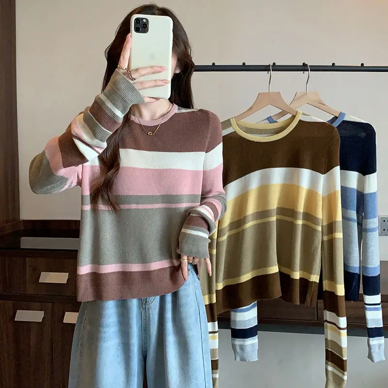 Contrasting Colors Striped T-shirt Female Clothing Casual Spliced Spring Autumn Round Neck Basic Long Sleeve Knitted Pullovers
Contrasting Colors Striped T-shirt Female Clothing Casual Spliced Spring Autumn Round Neck Basic Long Sleeve Knitted Pullovers