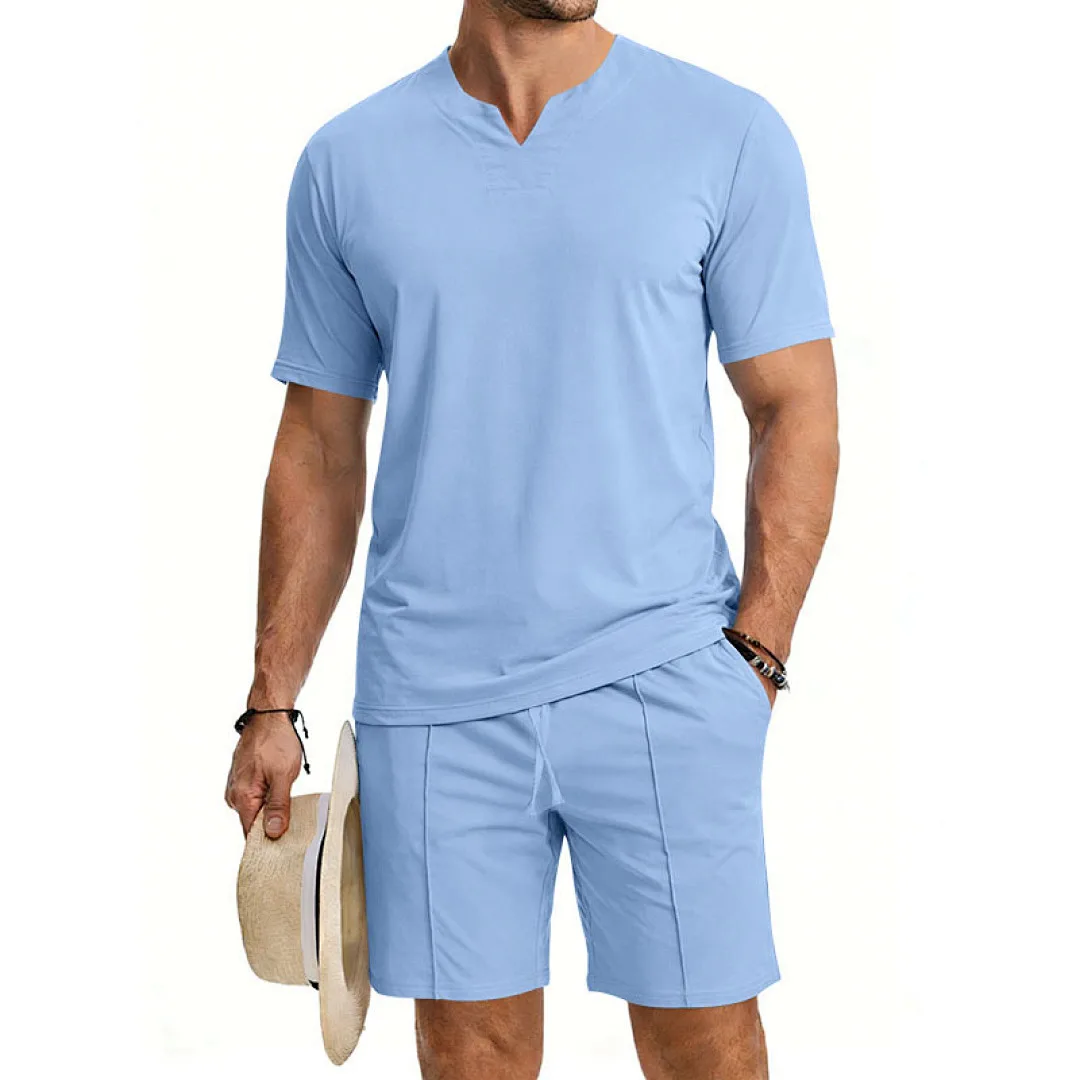 Cross-border summer men's gentleman V-neck jersey shirt quick-drying skin-friendly loose trend short-sleeved T-shirt shorts set
Cross-border summer men's gentleman V-neck jersey shirt quick-drying skin-friendly loose trend short-sleeved T-shirt shorts set