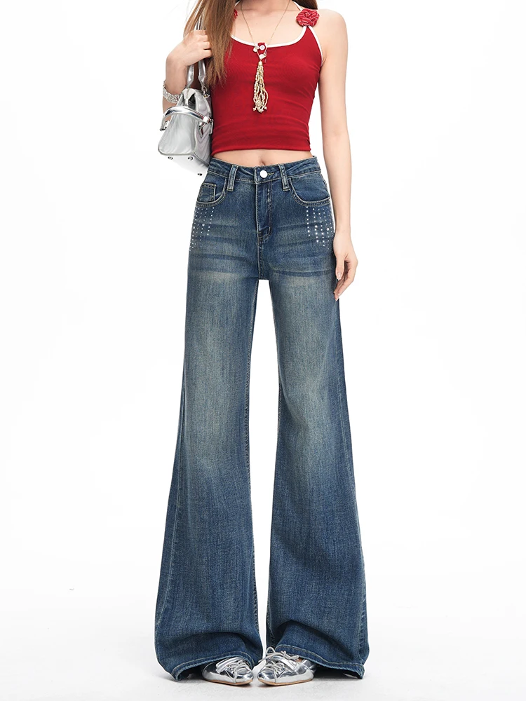 High Waist Bell Bottom Blue Denim Jeans Women's Floor Length American Retro Style Rhinestone Embellished Non-Matching Leggings
High Waist Bell Bottom Blue Denim Jeans Women's Floor Length American Retro Style Rhinestone Embellished Non-Matching Leggings