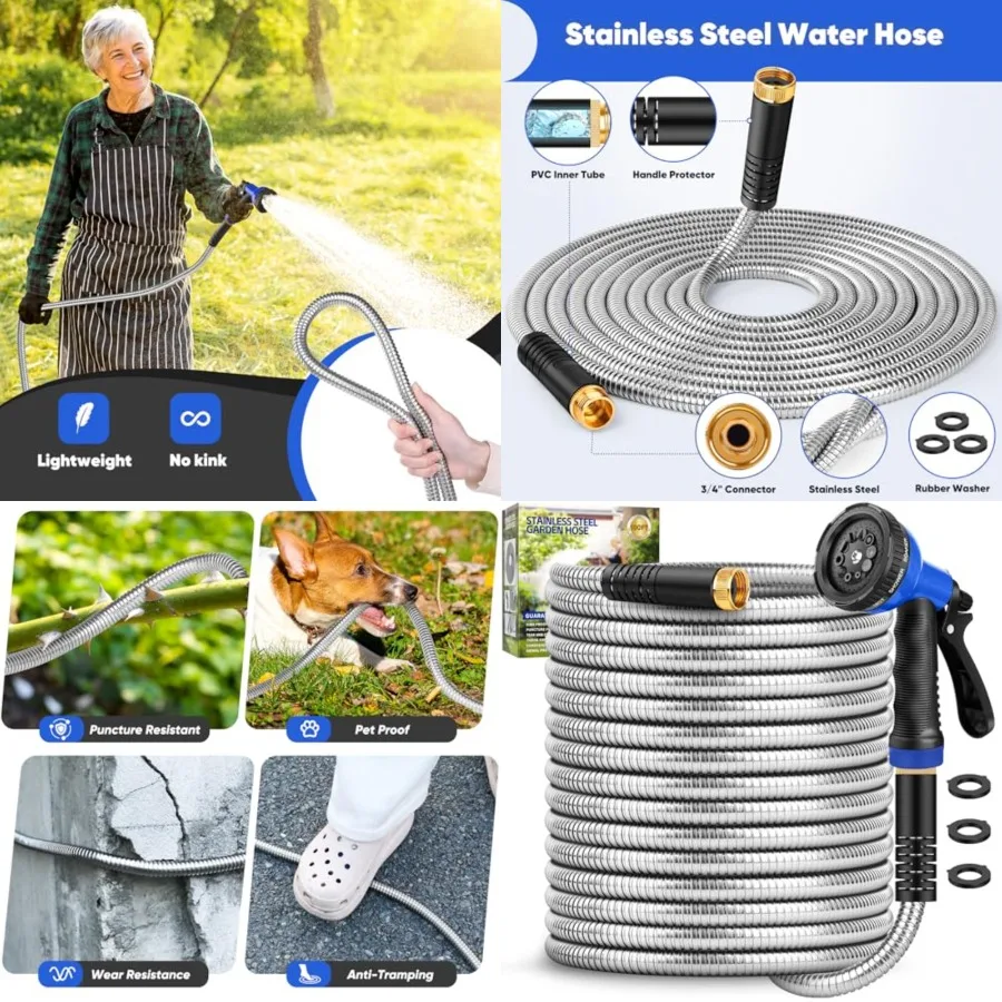 Garden Hose 100 Feet, Stainless Steel Metal Hose, Flexible Water Hose with 10 Function Nozzle, Kink Free, Leak-Proof, Heavy Dut
Garden Hose 100 Feet, Stainless Steel Metal Hose, Flexible Water Hose with 10 Function Nozzle, Kink Free, Leak-Proof, Heavy Dut