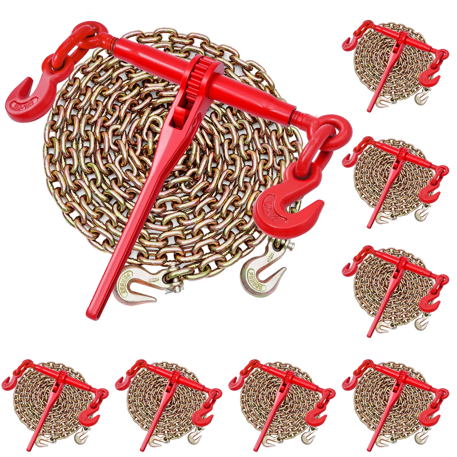 SucceBuy 8PCS 3/8inx10ft Ratchet Chain Binder 7000lbs G80 Chains & 9200lbs Binders Set Tie Down Hauling Chain Binders for Towing
SucceBuy 8PCS 3/8inx10ft Ratchet Chain Binder 7000lbs G80 Chains & 9200lbs Binders Set Tie Down Hauling Chain Binders for Towing