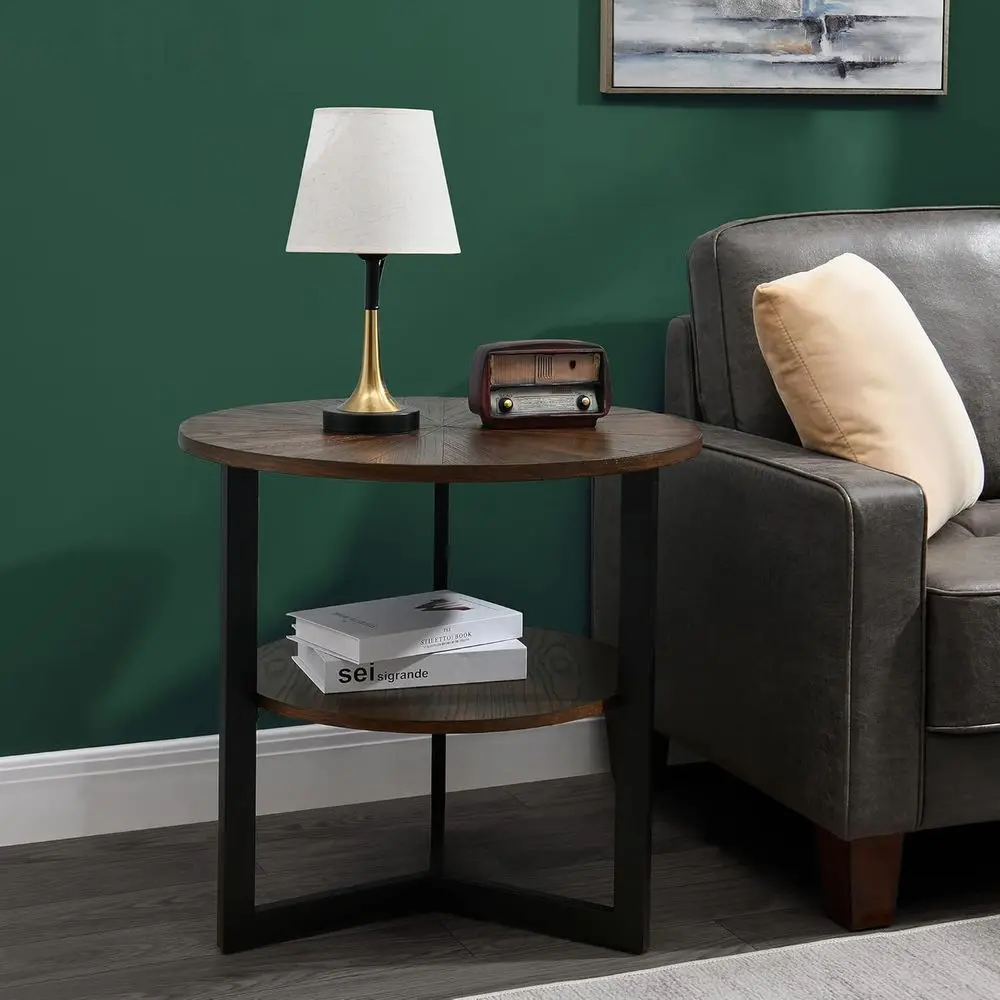 Rustic Circular Solid Wood Side Table with Black Metal Legs, Storage Shelf, 25.2 Diameter x 24 Height, Natural Brown Finish
Rustic Circular Solid Wood Side Table with Black Metal Legs, Storage Shelf, 25.2 Diameter x 24 Height, Natural Brown Finish