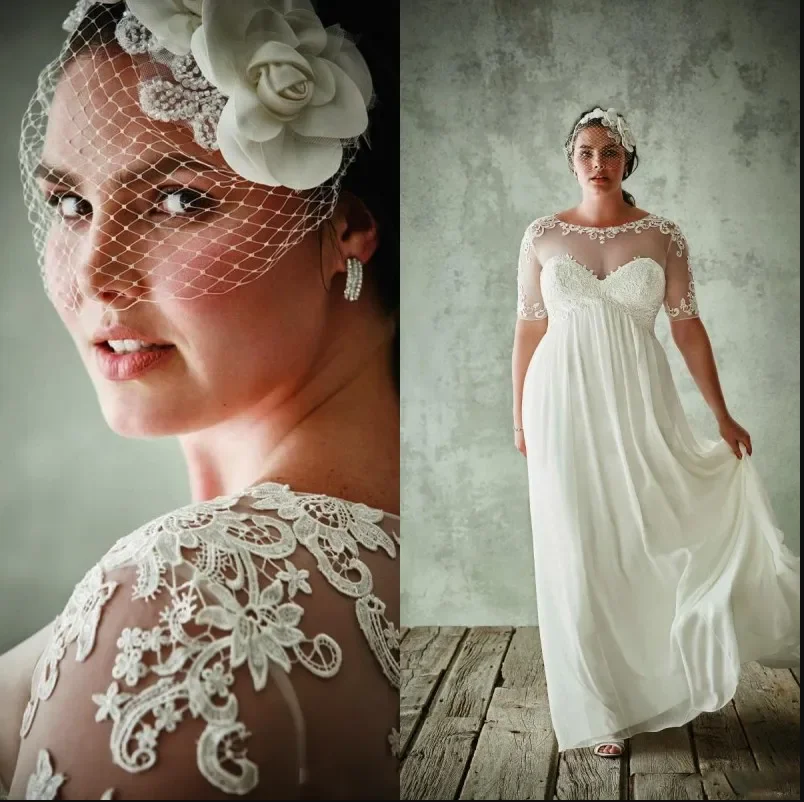Plus Size Wedding Dresses With Half Sleeves Sheer Jewel Neck A Line Lace Applique Bridal Gowns Chiffon Empire Waist Wedding Dres
Plus Size Wedding Dresses With Half Sleeves Sheer Jewel Neck A Line Lace Applique Bridal Gowns Chiffon Empire Waist Wedding Dres