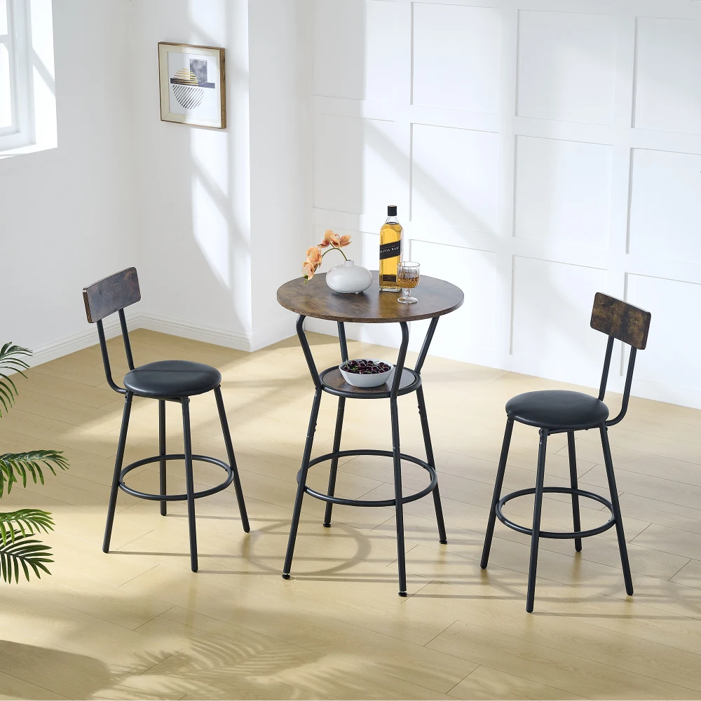Round bar table and stool set with shelf, upholstered stool with backrest, Rustic Brown, 24.17"W x 24.17"D x 36.02"H
Round bar table and stool set with shelf, upholstered stool with backrest, Rustic Brown, 24.17"W x 24.17"D x 36.02"H