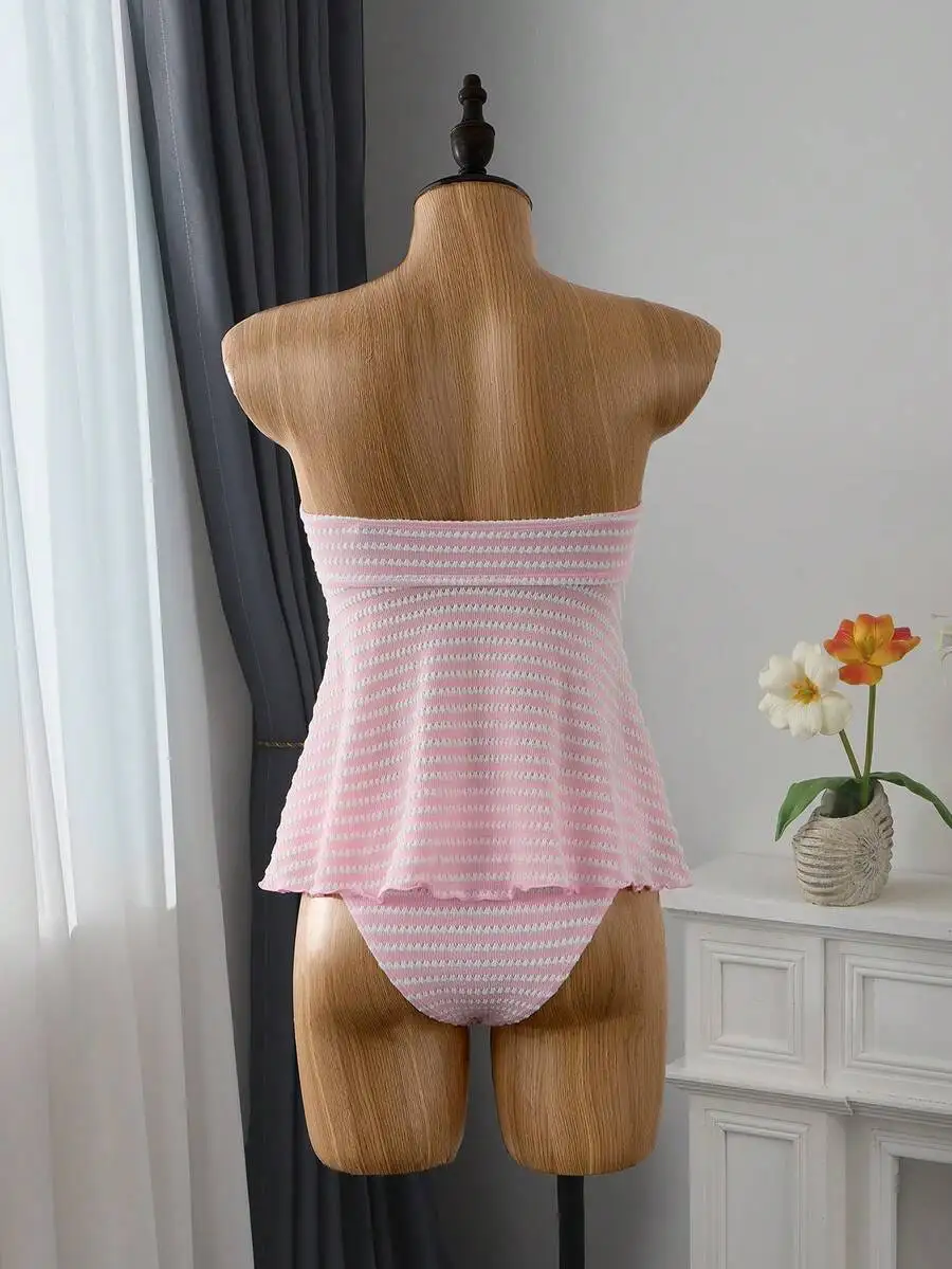 Pink And White Striped Strapless Tankini Swimwear For Women Beach Vacation Swim Set
Pink And White Striped Strapless Tankini Swimwear For Women Beach Vacation Swim Set