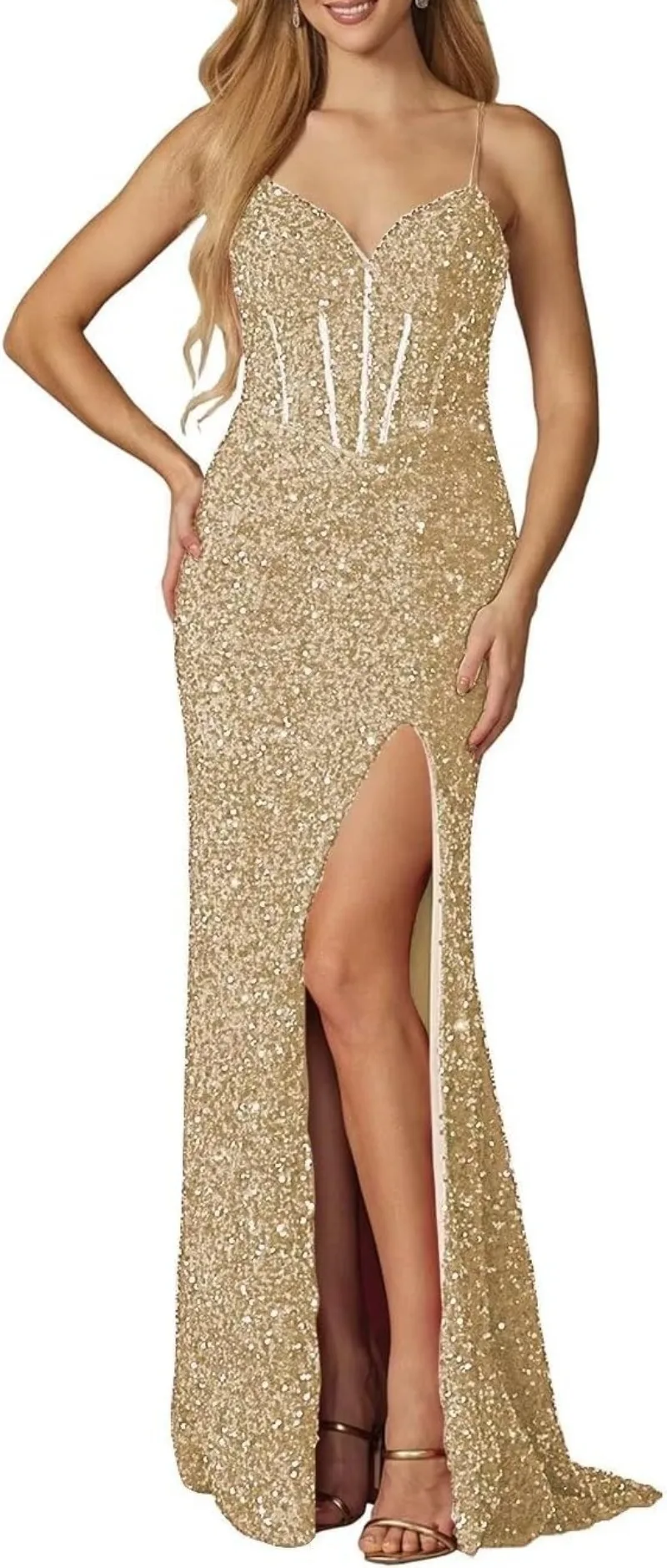 2024 Popular Women's Sparkly V Neck Prom Dresses Strap High Slit Sequin Formal Evening Gown Elegant Banquet Party Dress
2024 Popular Women's Sparkly V Neck Prom Dresses Strap High Slit Sequin Formal Evening Gown Elegant Banquet Party Dress