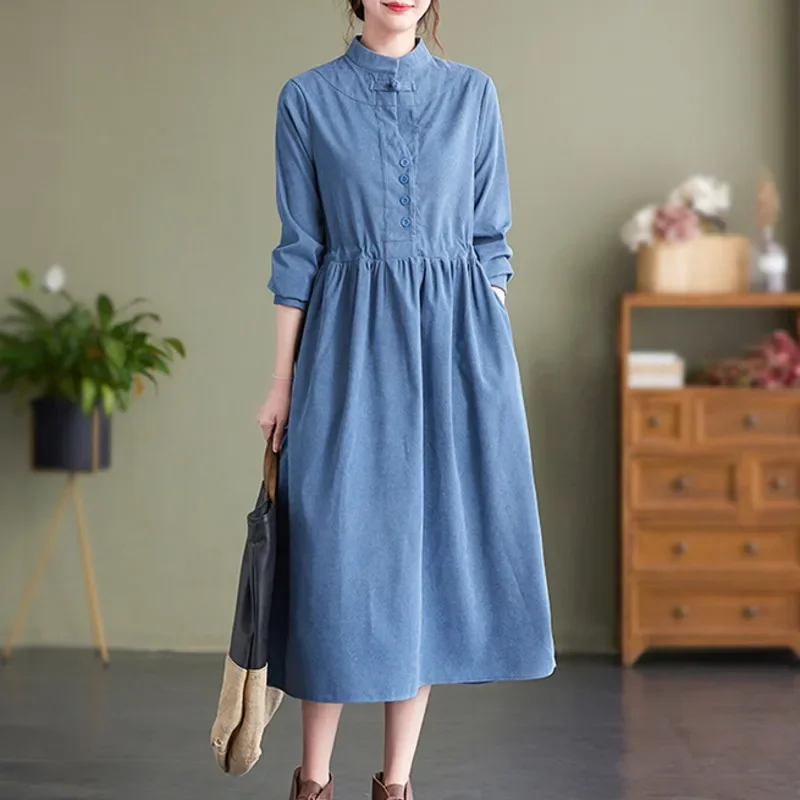 Women's Corduroy Shirt Dress, Vintage Stand Collar, Buttons, Long Sleeve, High Waisted, Midi, Retro, A Line, Elegant, Spring,
Women's Corduroy Shirt Dress, Vintage Stand Collar, Buttons, Long Sleeve, High Waisted, Midi, Retro, A Line, Elegant, Spring,
