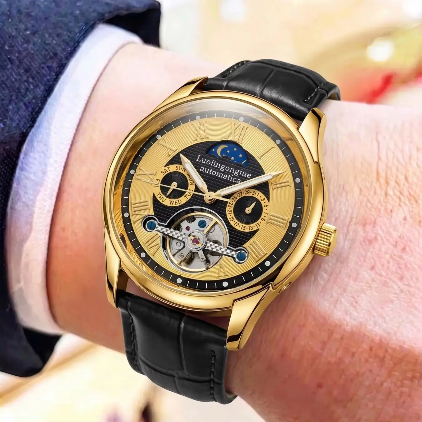 Men's Automatic Mechanical Watch with Skeleton Flywheel Design, Roman Numeral Markers, Multifunctional Moon Phase and Day of the Week Display, Wear-Resistant Leather Strap, Waterproof and Luminous, Light Luxury Men's Wristwatch, Dual-Purpose Automatic Mec
Men's Automatic Mechanical Watch with Skeleton Flywheel Design, Roman Numeral Markers, Multifunctional Moon Phase and Day of the Week Display, Wear-Resistant Leather Strap, Waterproof and Luminous, Light Luxury Men's Wristwatch, Dual-Purpose Automatic Mec