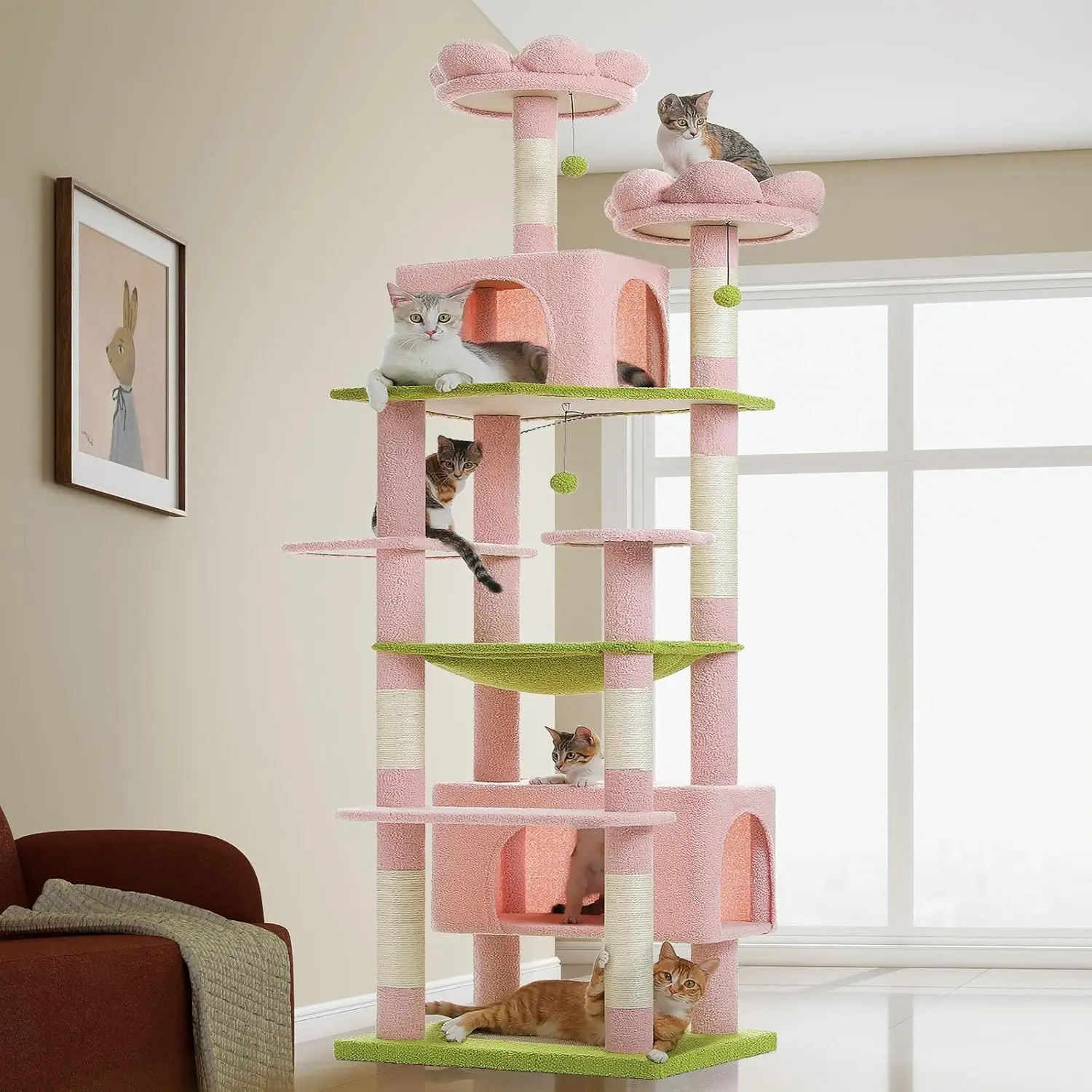 81 Inches Pink Tall Cat Tower with 2 Perches, 2 Condos and Spacious Hammock, XL Extra Large Condo with 7 Scratching Posts
81 Inches Pink Tall Cat Tower with 2 Perches, 2 Condos and Spacious Hammock, XL Extra Large Condo with 7 Scratching Posts