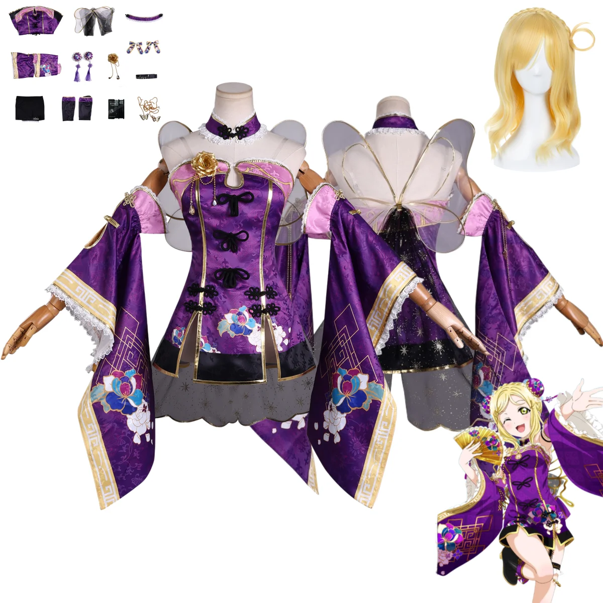 Anime LoveLive Ohara Mari Mary O'Hara Cosplay Costume Chinese Style Purple Cheongsam Dress Wing Wig Woman Sexy Carnival Suit
Anime LoveLive Ohara Mari Mary O'Hara Cosplay Costume Chinese Style Purple Cheongsam Dress Wing Wig Woman Sexy Carnival Suit