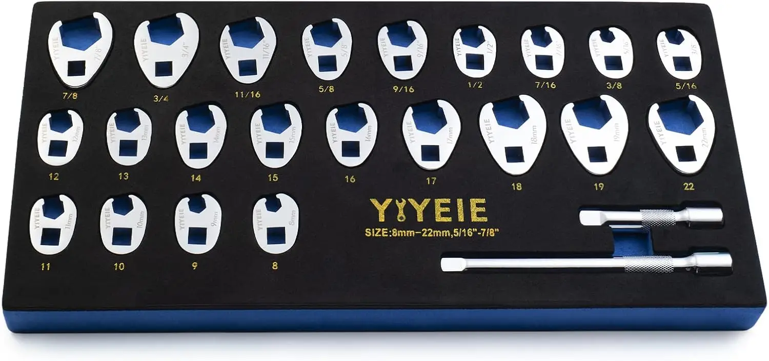24-Piece 3/8" Drive Crowfoot Wrench Set with Metric & SAE Sizes, CR-V Steel, Includes Extension Bars and EVA Foam Case
24-Piece 3/8" Drive Crowfoot Wrench Set with Metric & SAE Sizes, CR-V Steel, Includes Extension Bars and EVA Foam Case