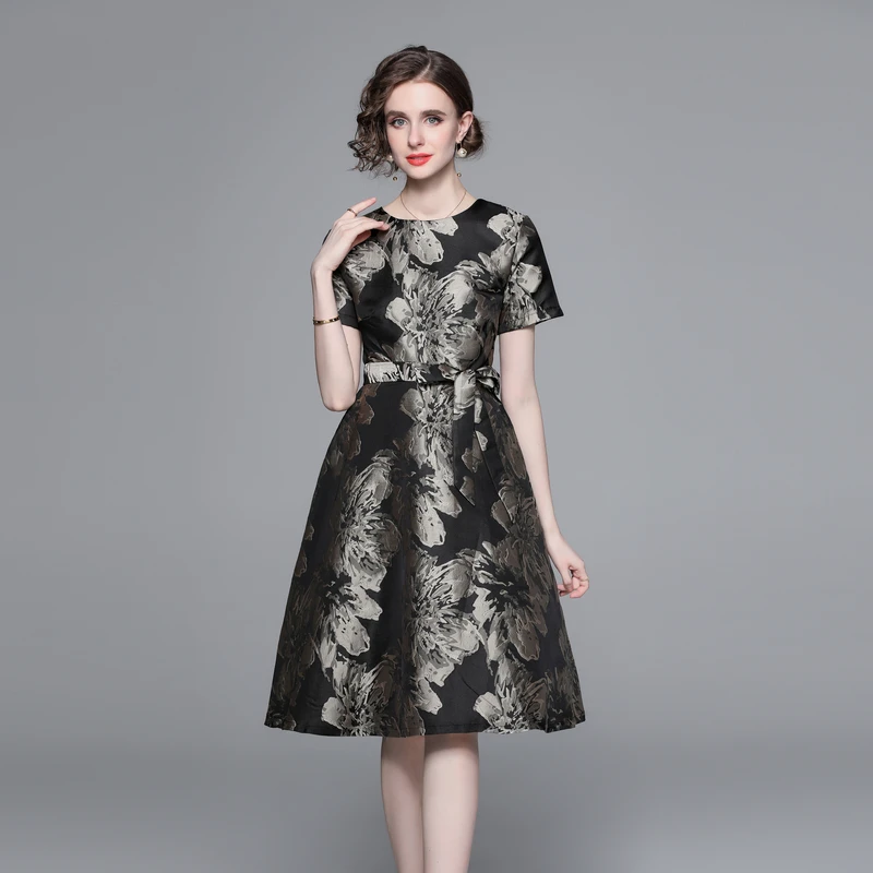 2023 New Summer Jacquard O Neck Short Sleeve Women Vintage Temperament A Line Lace Up Beach Holiday Ball Gown Casual Dresses
2023 New Summer Jacquard O Neck Short Sleeve Women Vintage Temperament A Line Lace Up Beach Holiday Ball Gown Casual Dresses