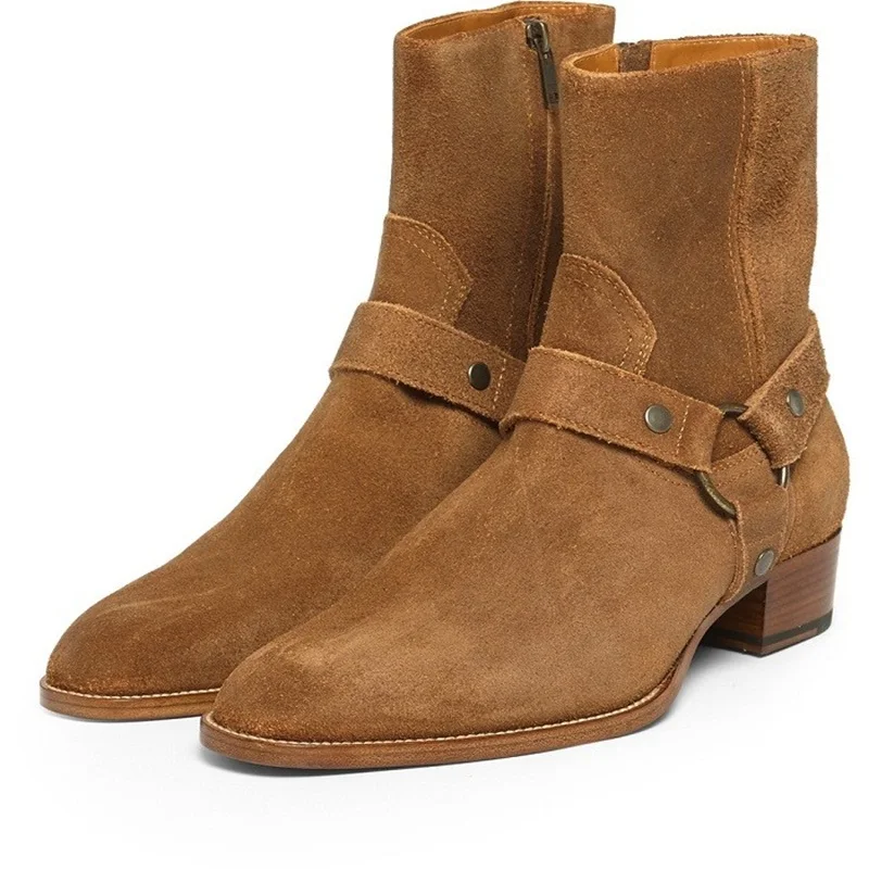 Vintage Men Chelsea Boots Camel Suede Buckle Ring Chain Man Ankle Boots Zipper Male Casual Dress Shoes Sapato Botas
Vintage Men Chelsea Boots Camel Suede Buckle Ring Chain Man Ankle Boots Zipper Male Casual Dress Shoes Sapato Botas