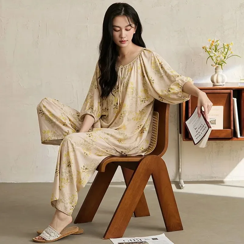 Women Floral Print Cotton Loungewear Set 3/4 Sleeve Top Wide Leg Pants Loose Summer Pajamas
Women Floral Print Cotton Loungewear Set 3/4 Sleeve Top Wide Leg Pants Loose Summer Pajamas
