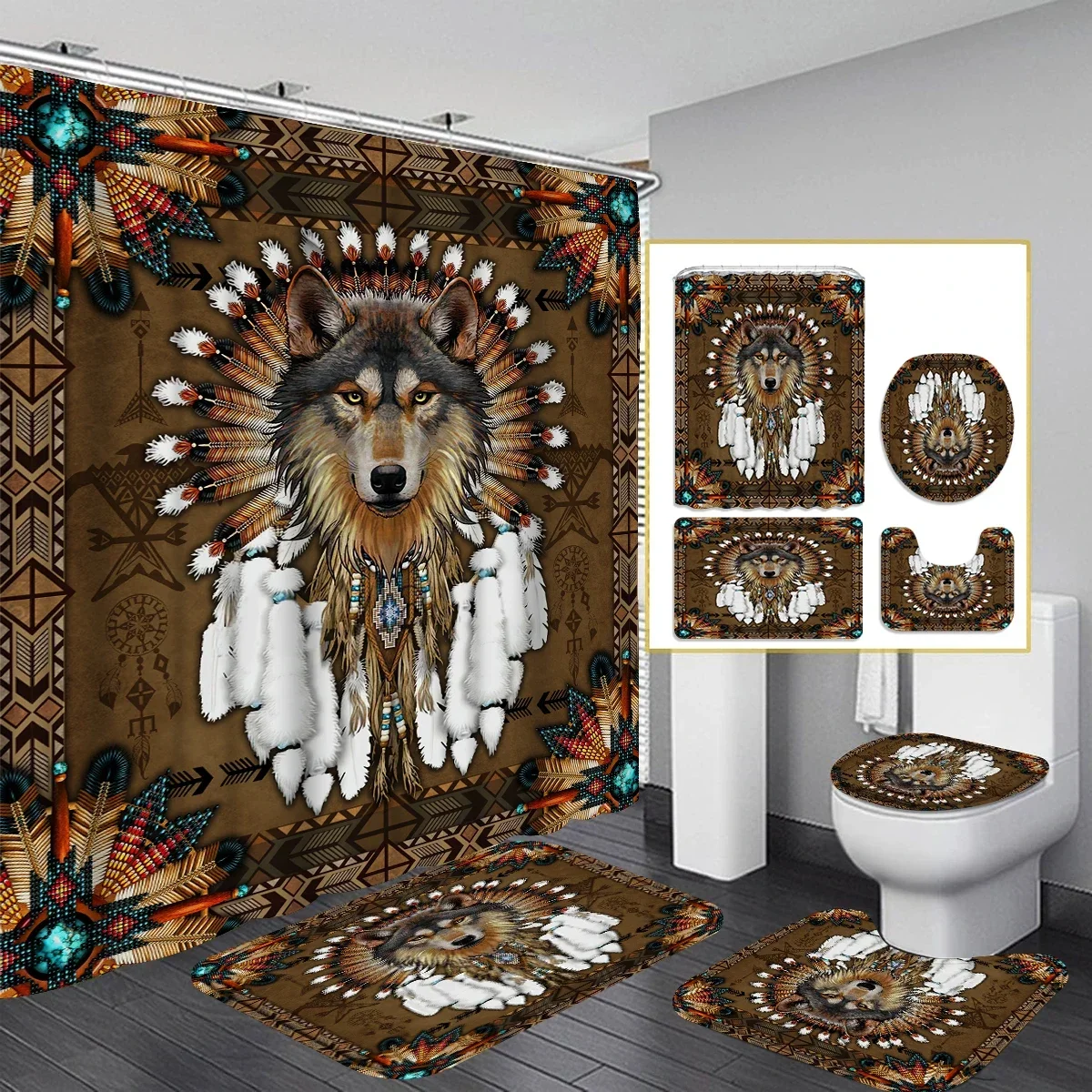 Wolf Tribe Aboriginal American Style Bathroom Set Waterproof Shower Curtain Non-slip Carpet Toilet Cover U-shaped Mat Decoration
Wolf Tribe Aboriginal American Style Bathroom Set Waterproof Shower Curtain Non-slip Carpet Toilet Cover U-shaped Mat Decoration