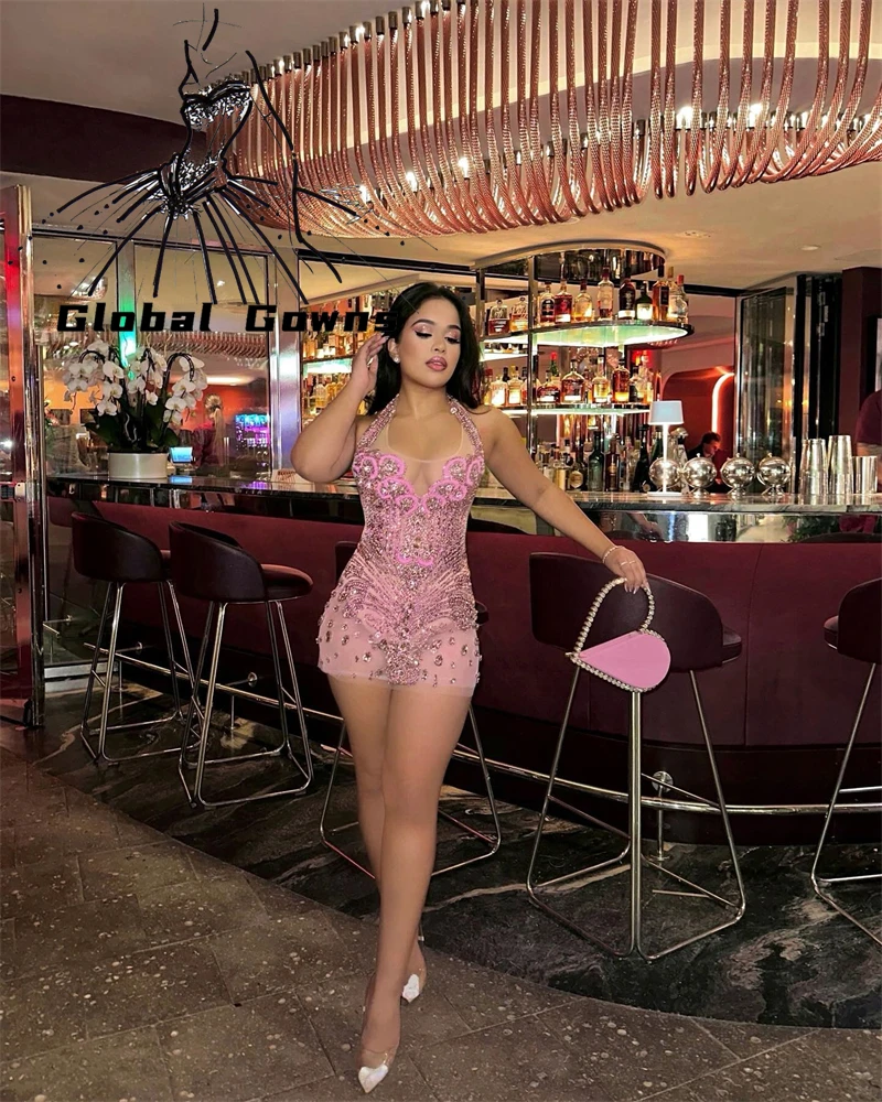 Pink Halter Short Prom Dress Black Girl Velvet Birthday Party Gowns Rhinestone Bead Crystal Mini Cocktail Homecoming Customized
Pink Halter Short Prom Dress Black Girl Velvet Birthday Party Gowns Rhinestone Bead Crystal Mini Cocktail Homecoming Customized