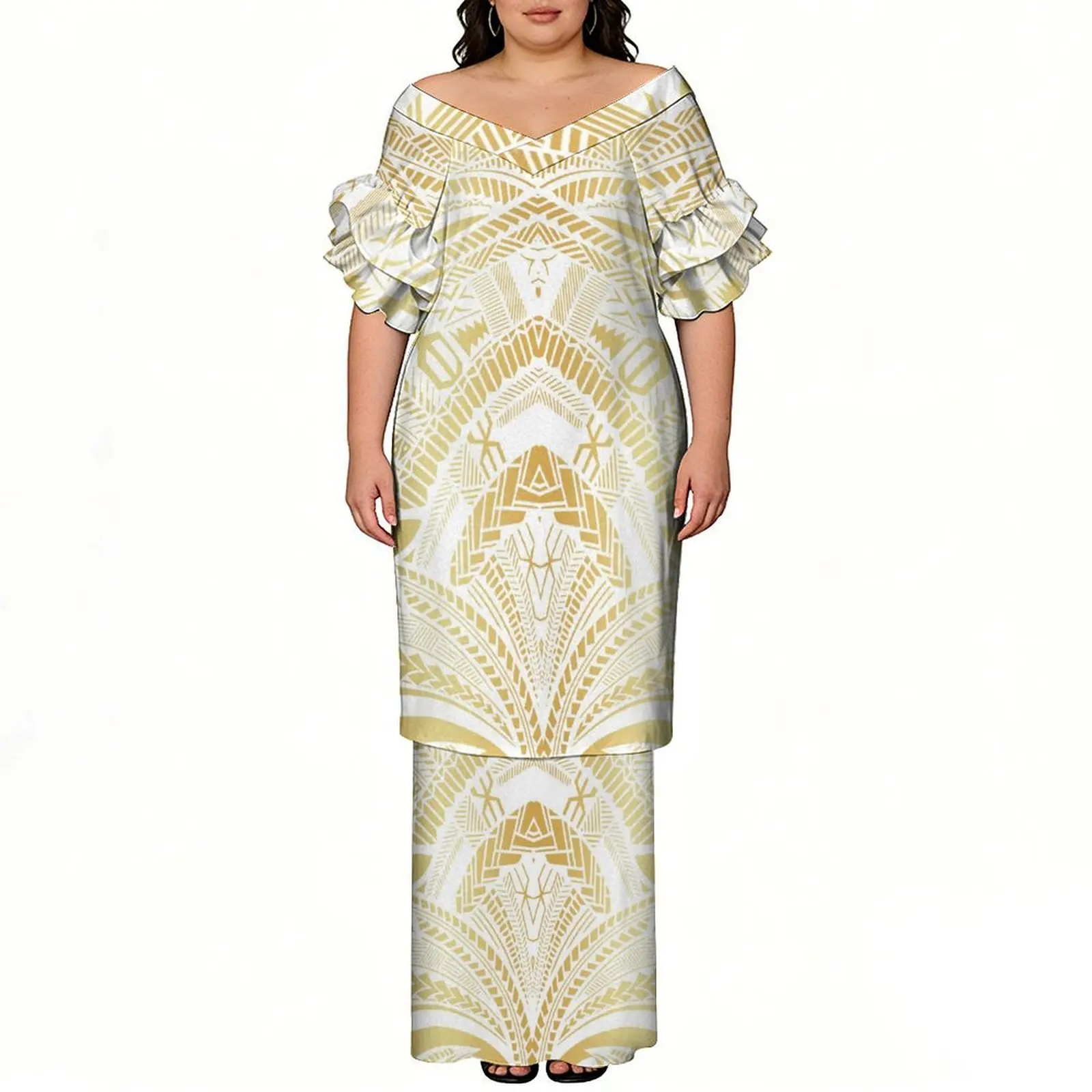 Summer Custom Dress With Pattern For Ladies V-Neck With Petal Sleeves Set Polynesian Style Puletasi Formal Evening Gown
Summer Custom Dress With Pattern For Ladies V-Neck With Petal Sleeves Set Polynesian Style Puletasi Formal Evening Gown