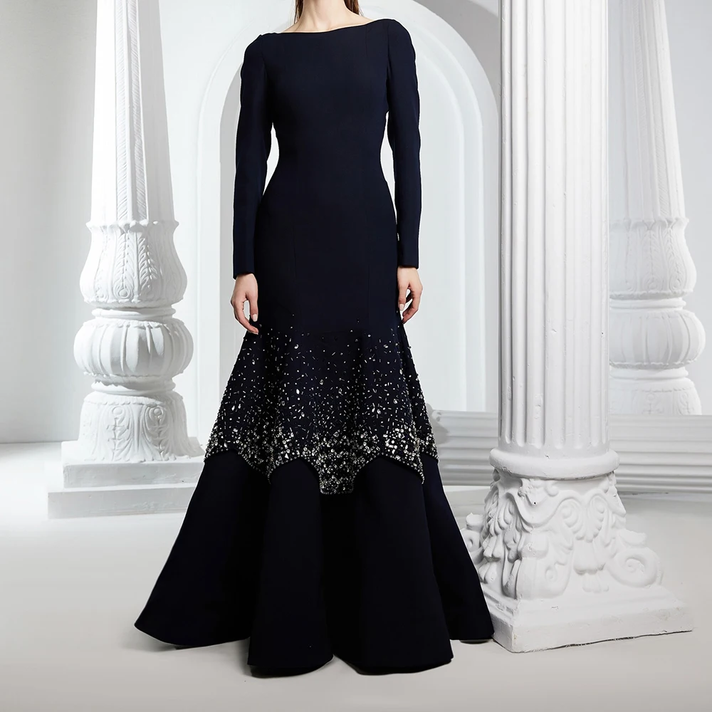 Вечерние платья трапециевидной формы по индивидуальному заказу, длиной до пола, с вырезом лодочкой и длинными рукавами, платье для выпускного вечера, модное простое драпированное повседневное вечернее платье с кристаллами
Вечерние платья трапециевидной формы по индивидуальному заказу, длиной до пола, с вырезом лодочкой и длинными рукавами, платье для выпускного вечера, модное простое драпированное повседневное вечернее платье с кристаллами