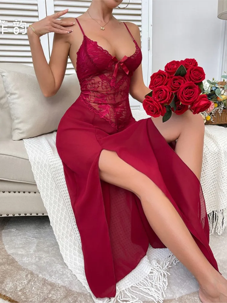 Women Sleeveless Spaghetti Strap Chiffon Lace Semi-Transparent Slit Long Night Dress Female Nightgowns Sexy Sleepwear Wine Red
Women Sleeveless Spaghetti Strap Chiffon Lace Semi-Transparent Slit Long Night Dress Female Nightgowns Sexy Sleepwear Wine Red