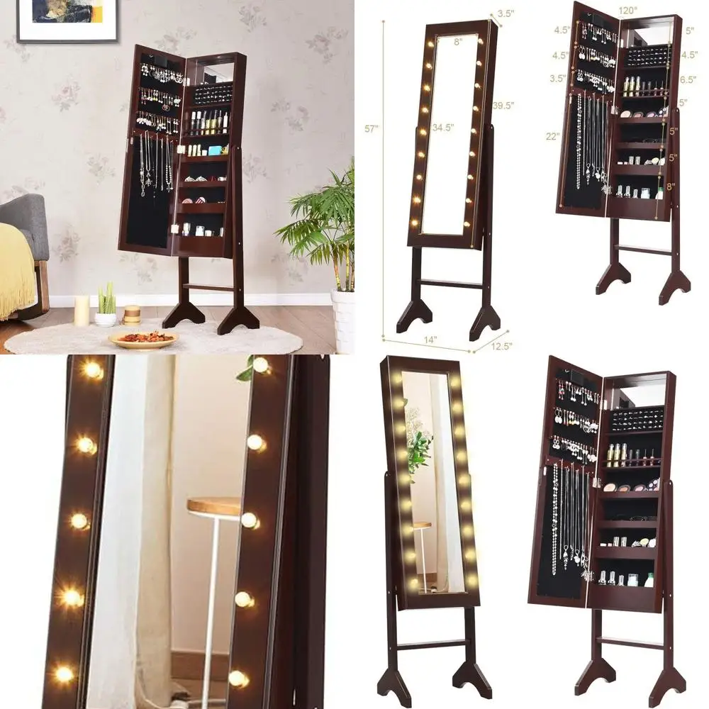 Большой зеркальный шкаф для ювелирных изделий с 18-мя светодиодами, зеркалом в полный рост, 16 подставок для губной помады и встроенным зеркалом для макияжа коричневого цвета.
Большой зеркальный шкаф для ювелирных изделий с 18-мя светодиодами, зеркалом в полный рост, 16 подставок для губной помады и встроенным зеркалом для макияжа коричневого цвета.