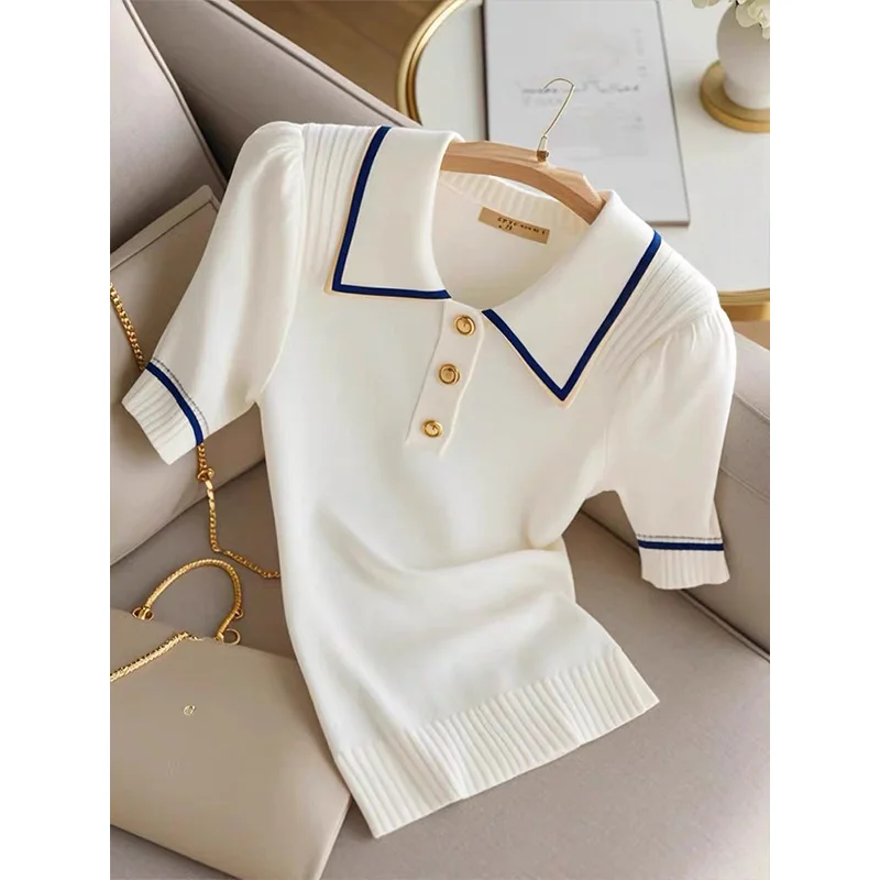 Elegant Slim Fashion Polo Neck Summer Short Sleeve Knitted Tops Women Clothing Vintage Solid Color Button Commute Pullovers
Elegant Slim Fashion Polo Neck Summer Short Sleeve Knitted Tops Women Clothing Vintage Solid Color Button Commute Pullovers