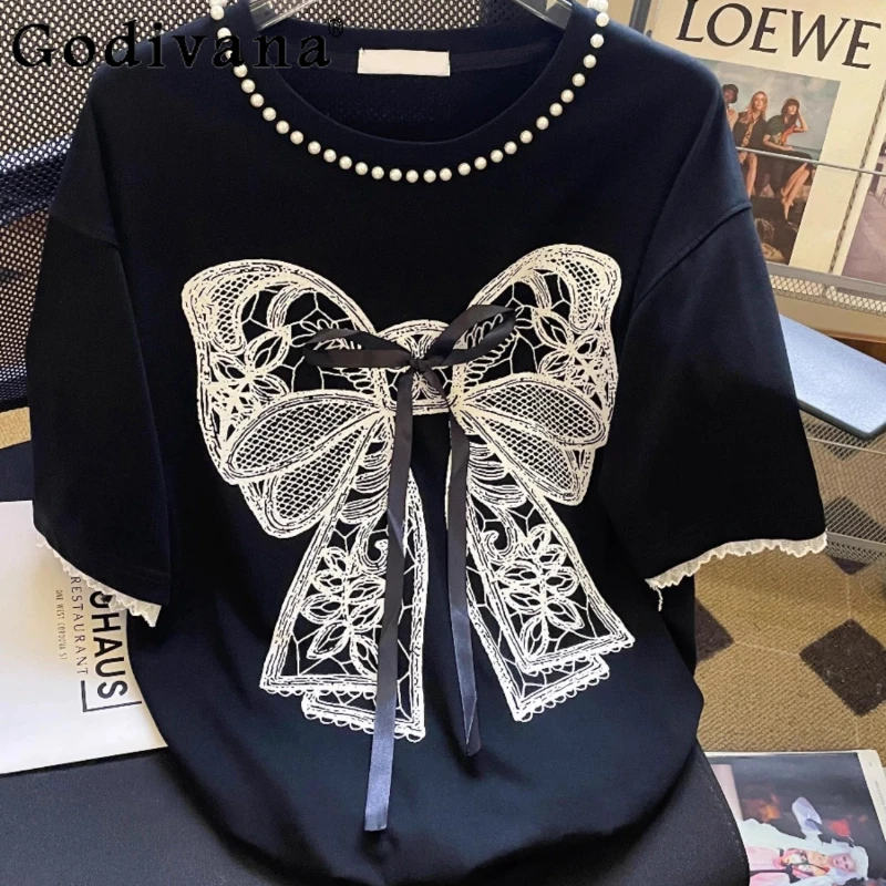 Extra Large Sweet Bow Print Heavy Industry Bead Embroidery T-Shirt Lace Short Sleeve Girls Summer Loose Chic Black Loose Top
Extra Large Sweet Bow Print Heavy Industry Bead Embroidery T-Shirt Lace Short Sleeve Girls Summer Loose Chic Black Loose Top