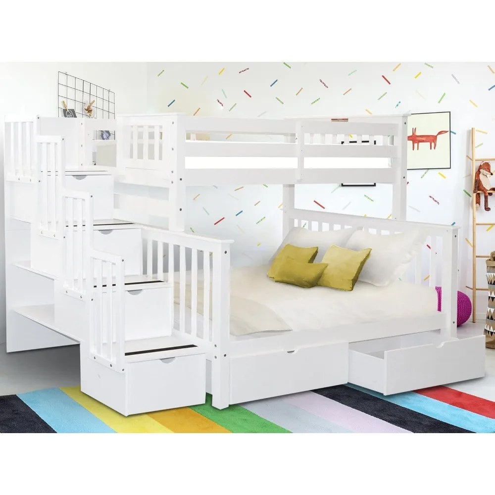 King Stairway Bunk Beds Twin over Full with 4 Drawers in the Steps and 2 Under Bed Drawers, White
King Stairway Bunk Beds Twin over Full with 4 Drawers in the Steps and 2 Under Bed Drawers, White