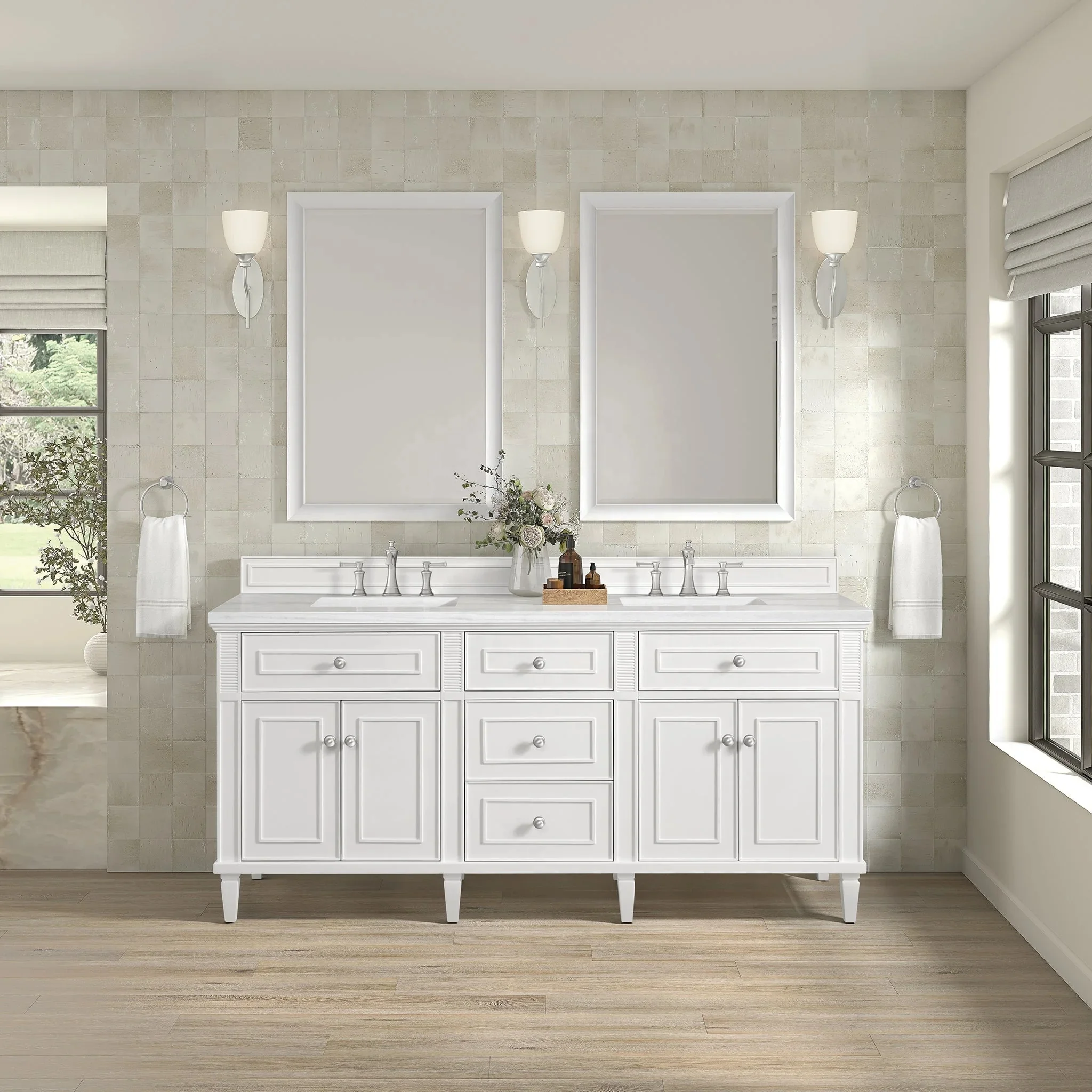 Custom Bright White Bathroom Vanity Solid Wood Classical Style Cabinet with Quartz Countertop 72'' Double Ceramic Sink Full Set
Custom Bright White Bathroom Vanity Solid Wood Classical Style Cabinet with Quartz Countertop 72'' Double Ceramic Sink Full Set