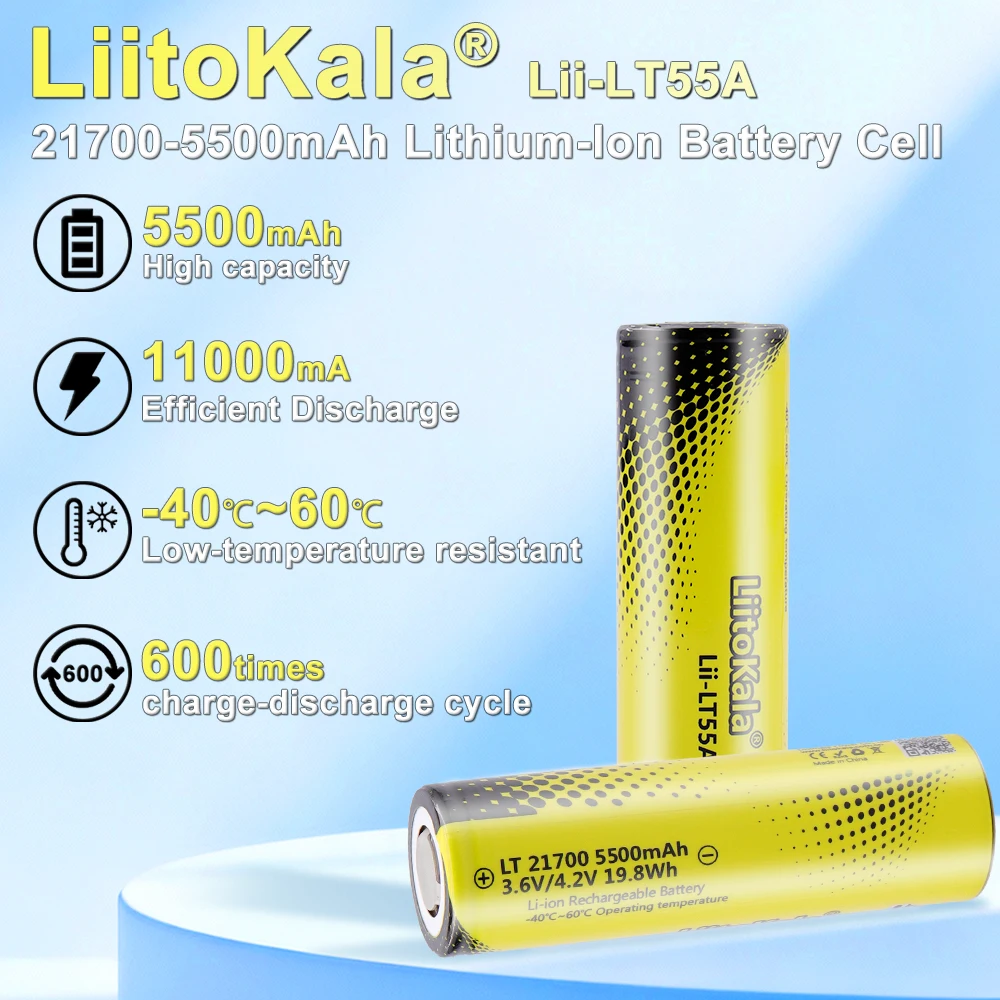 1-40 шт. LiitoKala Lii-LT55A 21700 5500 мАч аккумуляторная батарея 3,7 В 1C разряд
1-40 шт. LiitoKala Lii-LT55A 21700 5500 мАч аккумуляторная батарея 3,7 В 1C разряд