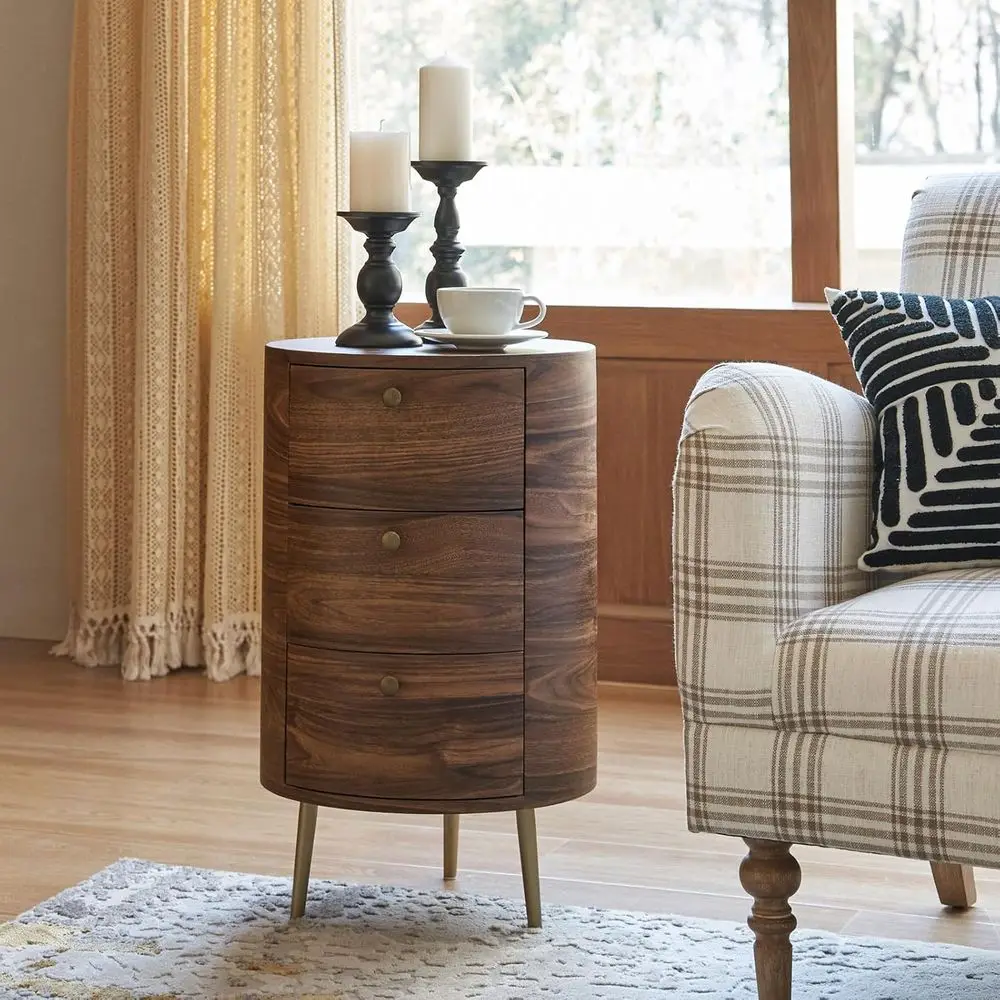 Walnut Finish Round End Table with Storage Drawers, Metal Leg Accent Table for Living Rooms, Bedrooms, and Compact Spaces
Walnut Finish Round End Table with Storage Drawers, Metal Leg Accent Table for Living Rooms, Bedrooms, and Compact Spaces