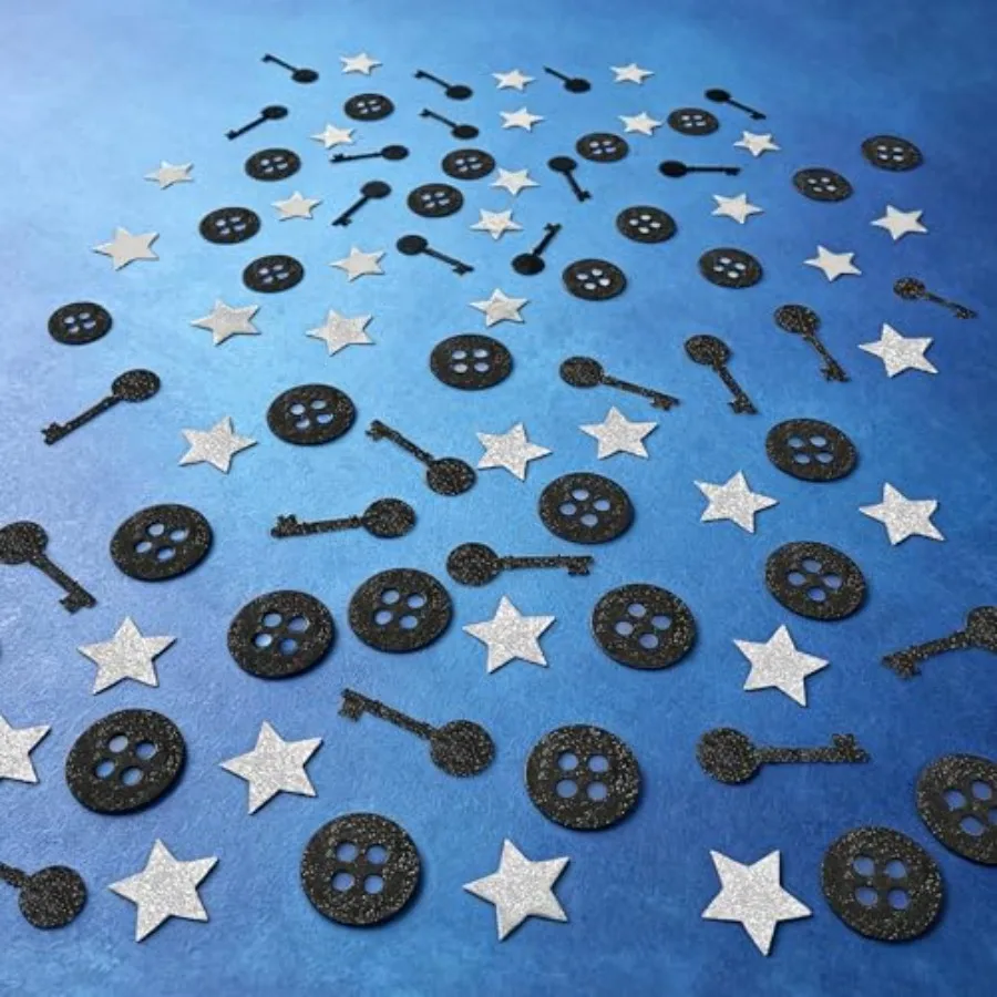 200 Pcs Glitter Black Button and Key Confetti with Silver Stars Horror Movie Theme Table Scatter Decorations for Birthday Party
200 Pcs Glitter Black Button and Key Confetti with Silver Stars Horror Movie Theme Table Scatter Decorations for Birthday Party